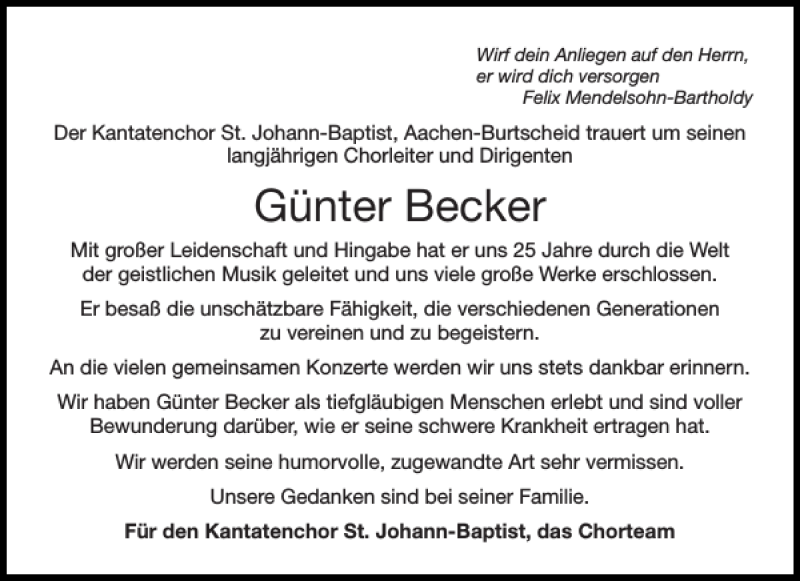  Traueranzeige für Günter Becker vom 25.03.2017 aus Aachener Zeitung / Aachener Nachrichten