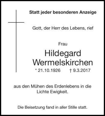 Traueranzeige von Hildegard Wermelskirchen von Aachener Zeitung / Aachener Nachrichten
