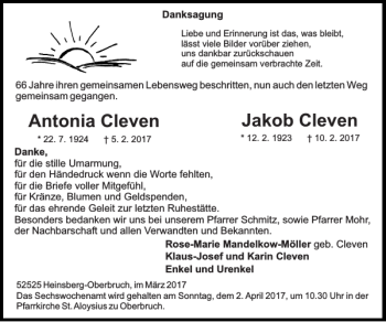 Traueranzeige von Jakob Cleven Antonia Cleven von Super Sonntag / Super Mittwoch