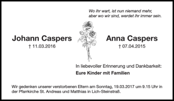 Traueranzeige von Johann Caspers Anna Caspers von Super Sonntag / Super Mittwoch