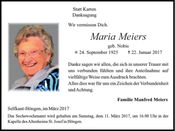 Traueranzeige von Maria Meiers von Super Sonntag / Super Mittwoch