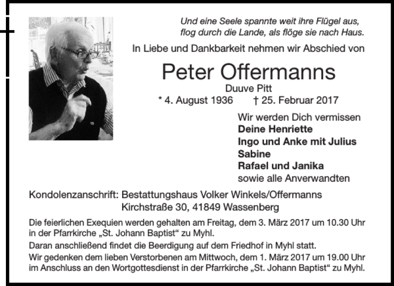  Traueranzeige für Peter Offermanns vom 01.03.2017 aus Aachener Zeitung / Aachener Nachrichten