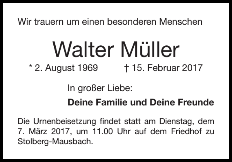  Traueranzeige für Walter Müller vom 05.03.2017 aus Super Sonntag / Super Mittwoch