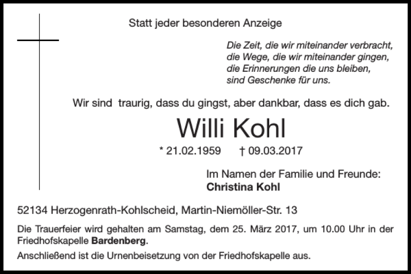  Traueranzeige für Willi Kohl vom 19.03.2017 aus Super Sonntag / Super Mittwoch