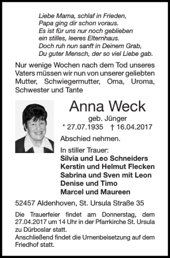 Traueranzeige von Anna Weck von Super Sonntag / Super Mittwoch