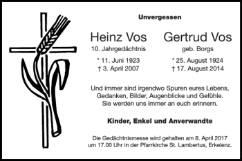 Traueranzeige von Heinz Vos Gertrud Vos von Super Sonntag / Super Mittwoch