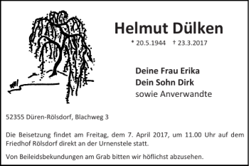 Traueranzeige von Helmut Dülken von Super Sonntag / Super Mittwoch