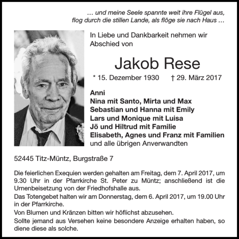  Traueranzeige für Jakob Rese vom 02.04.2017 aus Super Sonntag / Super Mittwoch