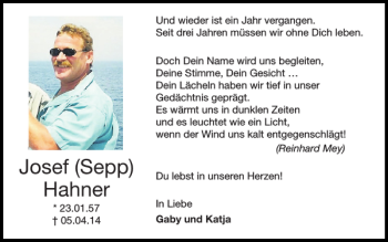 Traueranzeige von Josef Sepp Hahner von Super Sonntag / Super Mittwoch
