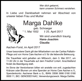Traueranzeige von Marga Dahlke von Aachener Zeitung / Aachener Nachrichten