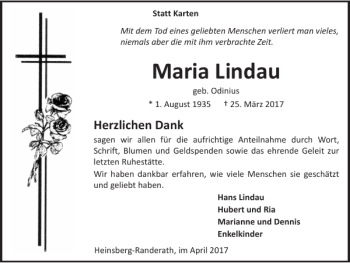 Traueranzeige von Maria Lindau von Super Sonntag / Super Mittwoch