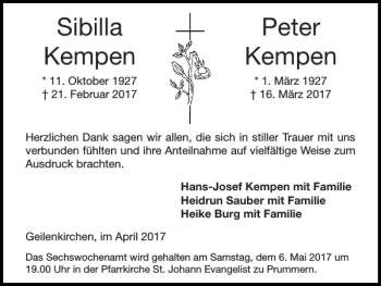 Traueranzeige von Sibilla Peter Kempen Kempen von Super Sonntag / Super Mittwoch
