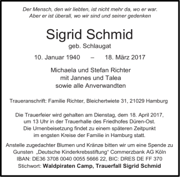 Traueranzeige von Sigrid Schmid von Aachener Zeitung / Aachener Nachrichten
