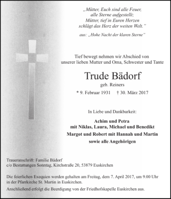 Traueranzeige von Trude Bädorf von Aachener Zeitung / Aachener Nachrichten