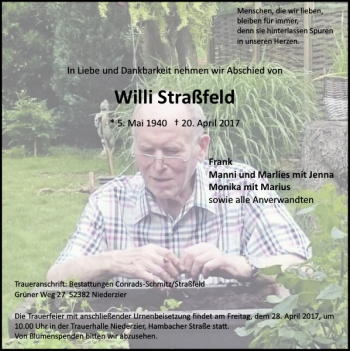 Traueranzeige von Willi Straßfeld von Super Sonntag / Super Mittwoch