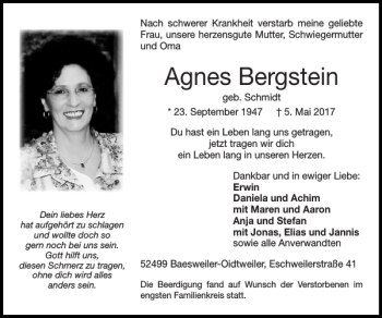 Traueranzeige von Agnes Bergstein von Super Sonntag / Super Mittwoch