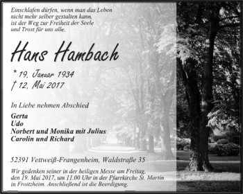 Traueranzeige von Hans Hambach von Aachener Zeitung / Aachener Nachrichten