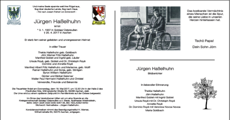  Traueranzeige für Jürgen Haßelhuhn vom 13.05.2017 aus Aachener Zeitung / Aachener Nachrichten