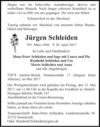 Traueranzeige von Jürgen Schleiden von Super Sonntag / Super Mittwoch