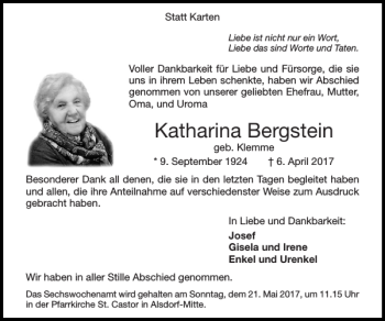 Traueranzeige von Katharina Bergstein von Super Sonntag / Super Mittwoch