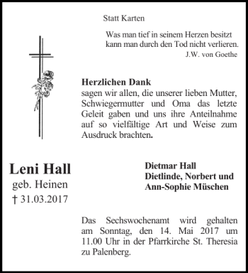 Traueranzeige von Leni Hall von Aachener Zeitung / Aachener Nachrichten