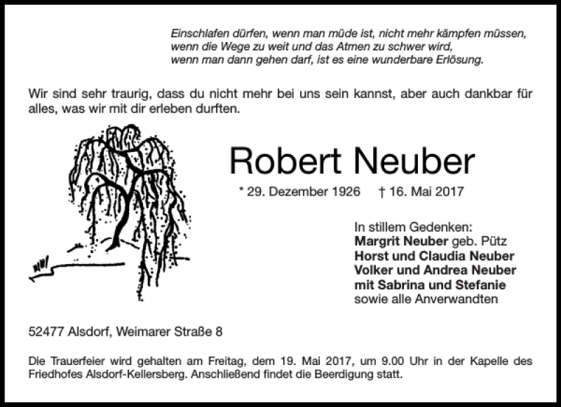  Traueranzeige für Robert Neuber vom 17.05.2017 aus Aachener Zeitung / Aachener Nachrichten