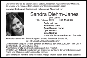 Traueranzeige von Sandra Diehm-Janes von Super Sonntag / Super Mittwoch