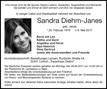 Traueranzeige von Sandra Diehm-Janes von Super Sonntag / Super Mittwoch