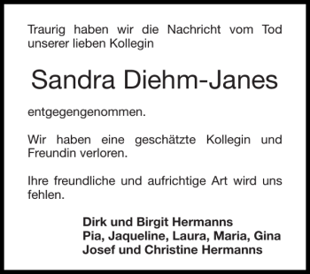 Traueranzeige von Sandra Diehm-Janes von Super Sonntag / Super Mittwoch