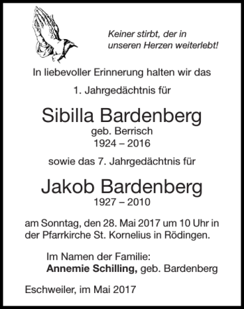 Traueranzeige von Sibilla Bardenberg Jakob Bardenberg von Super Sonntag / Super Mittwoch