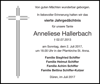 Traueranzeige von Anneliese Hallerbach von Super Sonntag / Super Mittwoch