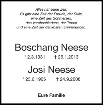 Traueranzeige von Boschang Neese Josi Neese von Super Sonntag / Super Mittwoch