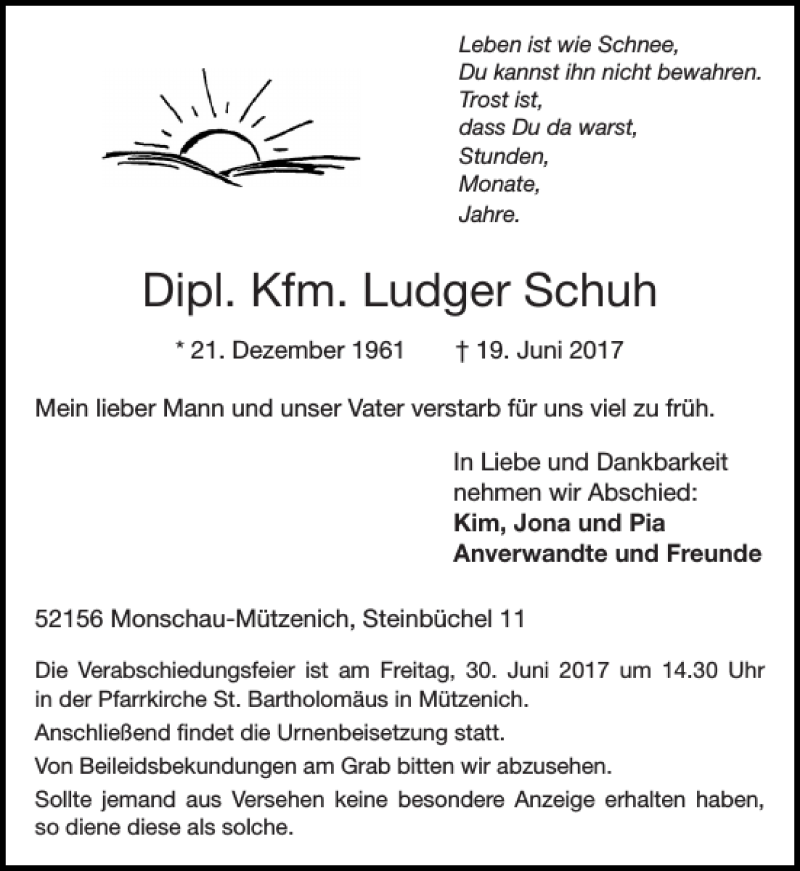  Traueranzeige für Dipl. Kfm. Ludger Schuh vom 24.06.2017 aus Aachener Zeitung / Aachener Nachrichten