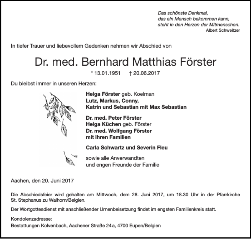  Traueranzeige für Dr. med. Bernhard Matthias Förster vom 24.06.2017 aus Aachener Zeitung / Aachener Nachrichten
