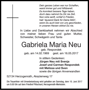 Traueranzeige von Gabriela Maria Neu von Super Sonntag / Super Mittwoch