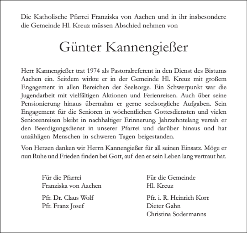  Traueranzeige für Günter Kannengießer vom 17.06.2017 aus Aachener Zeitung / Aachener Nachrichten
