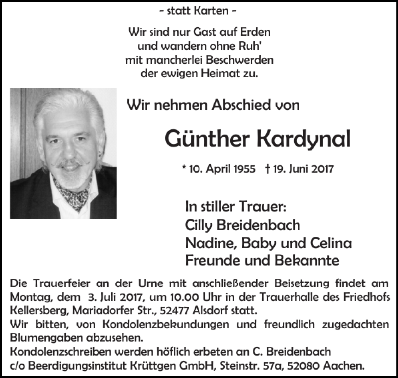  Traueranzeige für Günther Kardynal vom 25.06.2017 aus Super Sonntag / Super Mittwoch