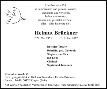 Traueranzeige von Helmut Brückner von Super Sonntag / Super Mittwoch