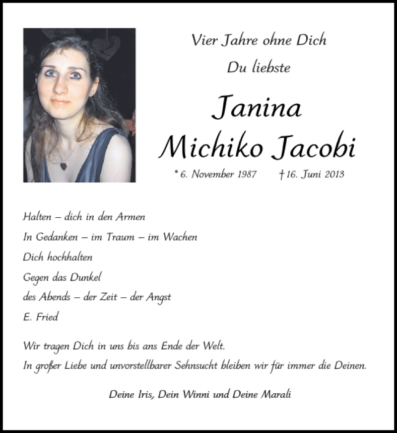  Traueranzeige für Janina Michiko Jacobi vom 17.06.2017 aus Aachener Zeitung / Aachener Nachrichten