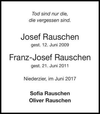 Traueranzeige von Josef Rauschen Franz-Josef Rauschen von Super Sonntag / Super Mittwoch