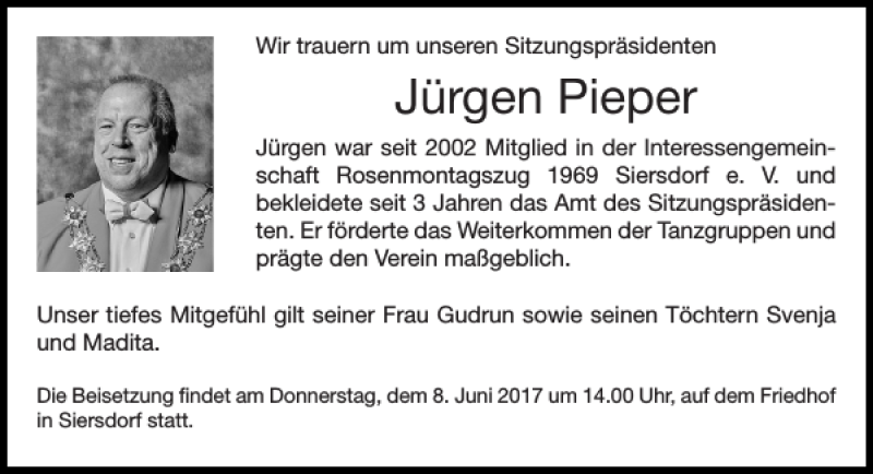  Traueranzeige für Jürgen Pieper vom 04.06.2017 aus Super Sonntag / Super Mittwoch