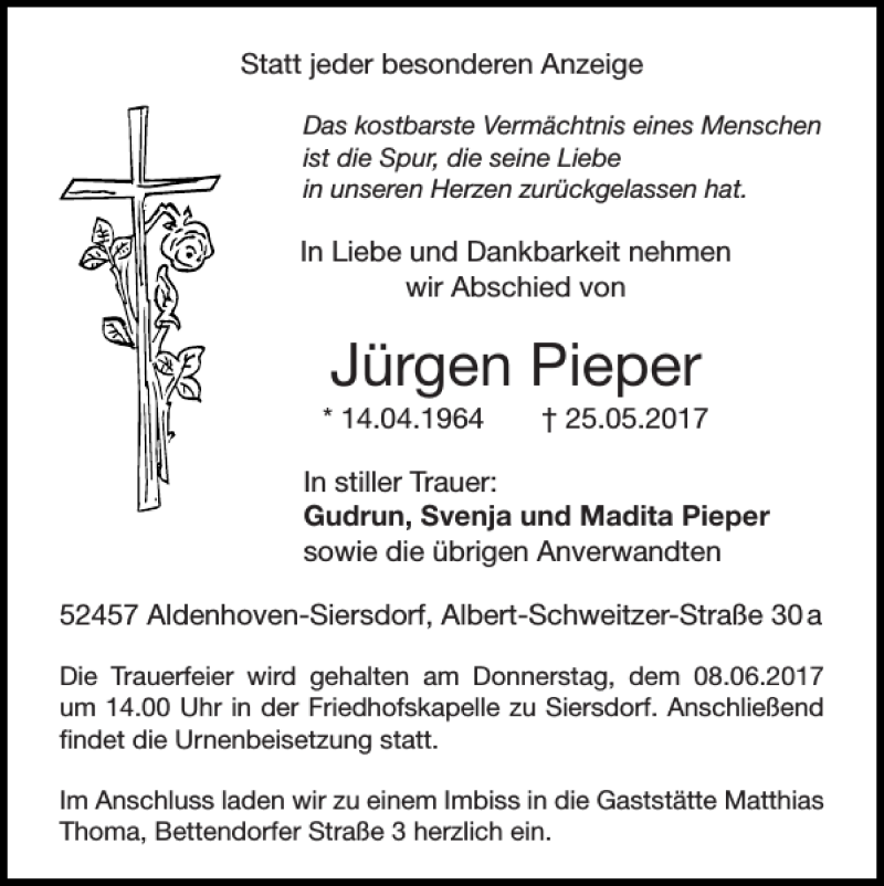  Traueranzeige für Jürgen Pieper vom 04.06.2017 aus Super Sonntag / Super Mittwoch
