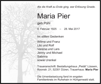 Traueranzeige von Maria Pier von Super Sonntag / Super Mittwoch