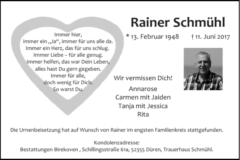  Traueranzeige für Rainer Schmühl vom 25.06.2017 aus Super Sonntag / Super Mittwoch