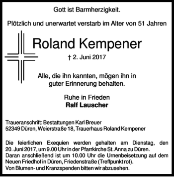Traueranzeige von Roland Kempener von Super Sonntag / Super Mittwoch