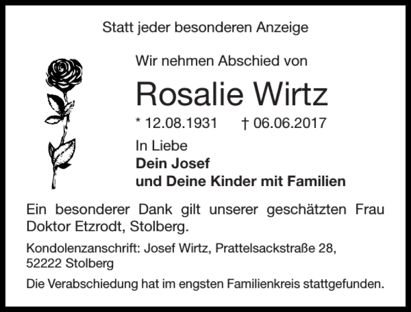  Traueranzeige für Rosalie Wirtz vom 18.06.2017 aus Super Sonntag / Super Mittwoch