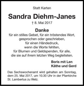 Traueranzeige von Sandra Diehm-Janes von Super Sonntag / Super Mittwoch