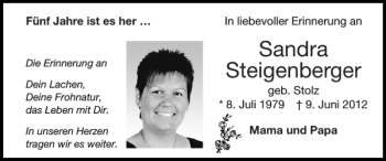 Traueranzeige von Sandra Steigenberger von Super Sonntag / Super Mittwoch