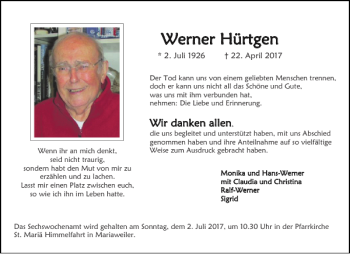 Traueranzeige von Werner Hürtgen ner Hürtgen von Aachener Zeitung / Aachener Nachrichten