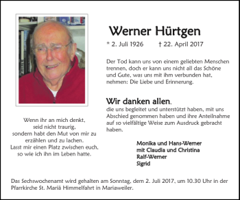 Traueranzeige von Werner Hürtgen ner Hürtgen von Super Sonntag / Super Mittwoch